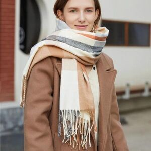 Oversized Neutral Plaid Scarf with Tassels Warm Cozy Winter Soft Plush Outdoor